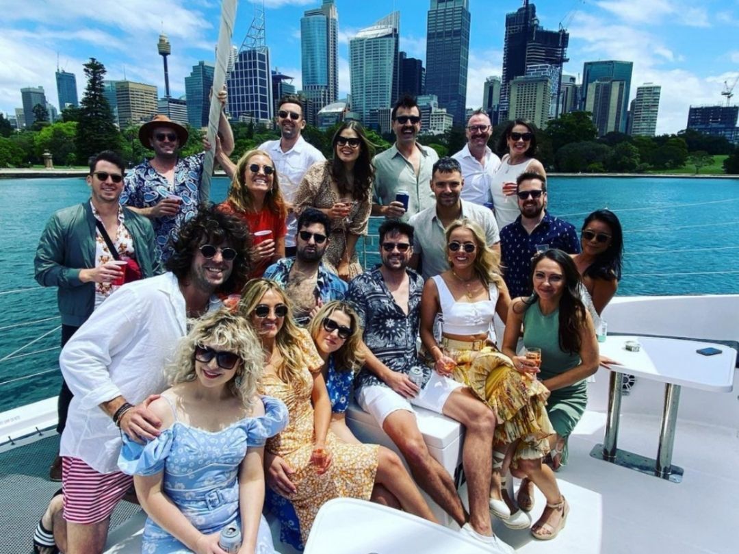 Tiger 3 Boat Hire - Group with Sydney Skyline