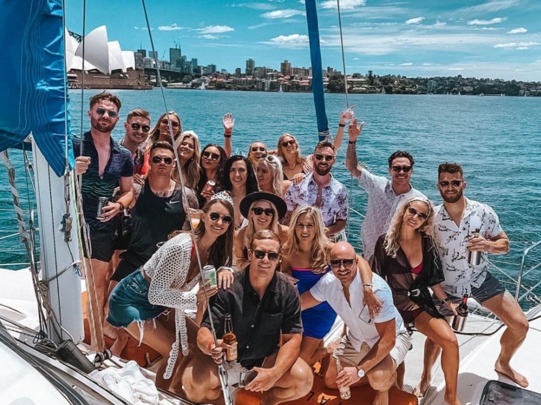 Boat party Sydney Harbour group photo