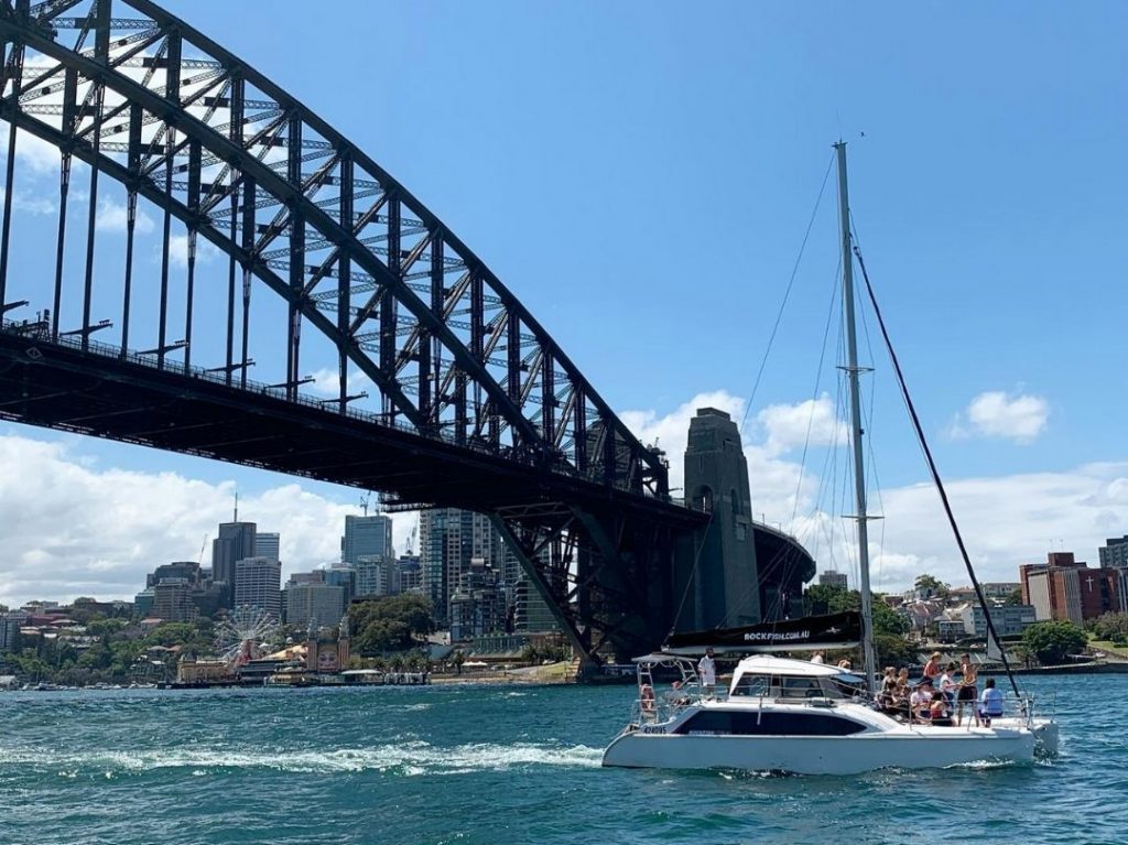 Boat charter on Rockfish Catamaran with Sydney Harbour Bridge